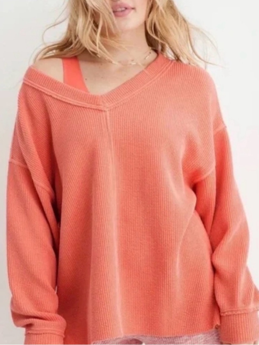 aerie Coral V-Neck Oversized Sweater